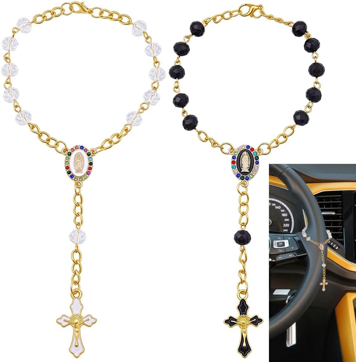 2 Stijlen Stuurwiel Rozenkrans Bedel Auto Rozenkrans Achteruitkijkspiegel Opknoping Hanger Maagd Maria Katholiek Kruis Auto Spiegel Hanger voor Mannen Vrouwen Thuis Wanddecoratie Religieuze