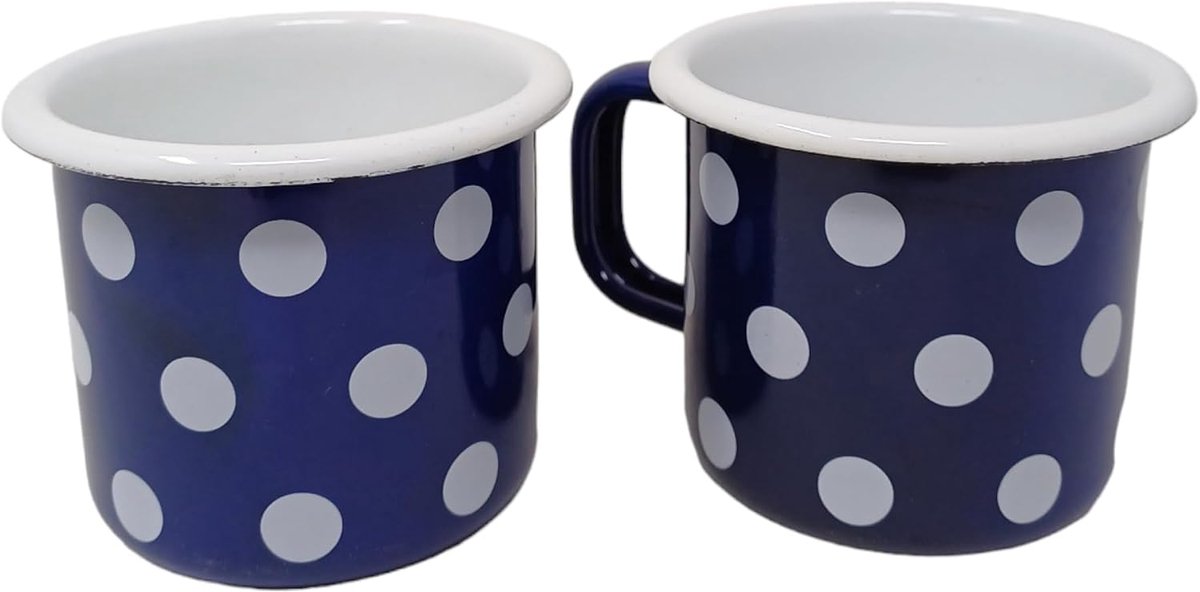 2 x metalen geëmailleerde mokken, 250 ml, blauw met witte stippen, witte rand