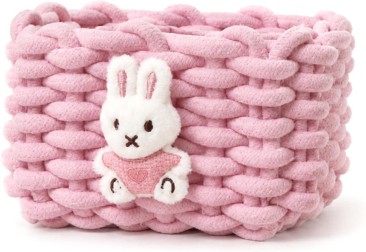 gevlochten van katoen, gehaakte mand met hazenmotief, kleine opbergmand voor babykamer, woonkamer, slaapkamer, badkamer, keuken, kast, bureau (roze)