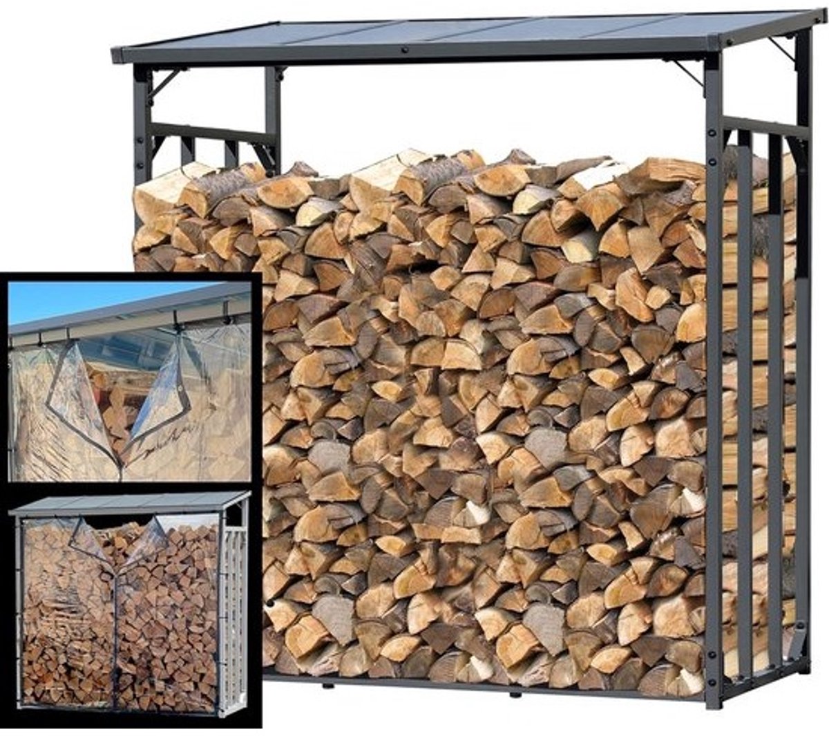 Houtopslag Rek - Stapelhulp Buiten - Opslag en Drogen - Met Weerbescherming - 185x70x185 cm - Antraciet