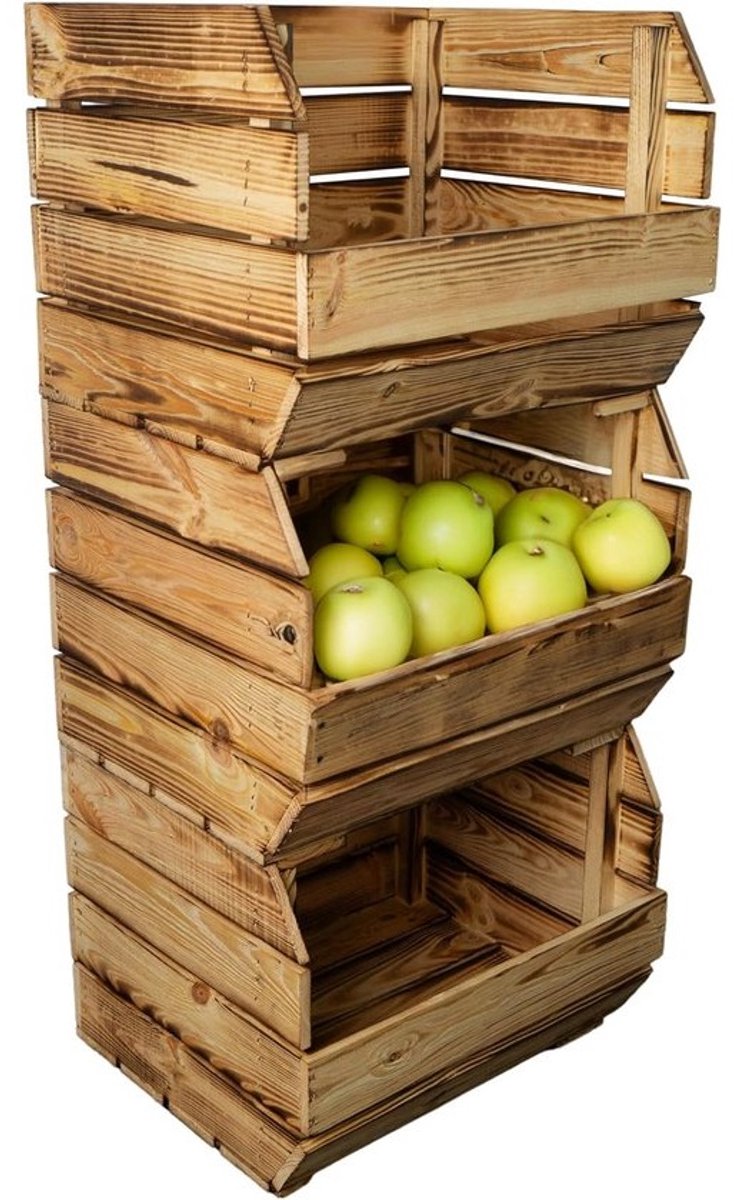 Set van 3 Houten Kisten voor Groenten en Fruit – Flamed Afwerking – Opslag en Presentatie