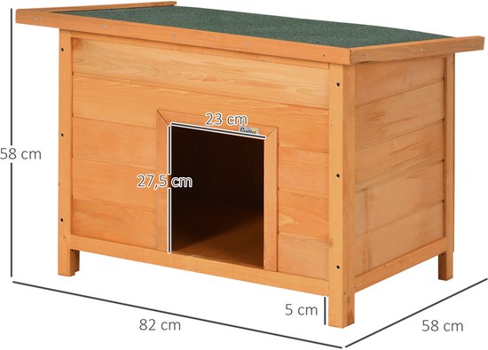 Houten hondenhok met groen dak, met afmetingen: 82x58x58 cm en deuropening van 27.5x23 cm.