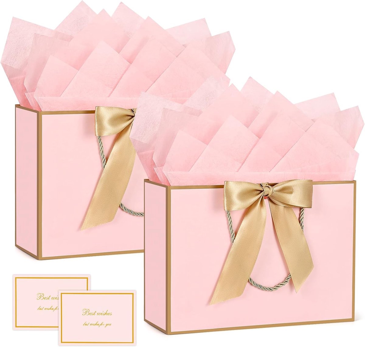 Papieren cadeautassen - Set van 2 grote cadeautassen met handvatten, afmetingen 28,4 x 20,9 x 10 cm, luxe strik, inclusief 2 kaartjes, geschikt voor verjaardagsfeestjes, bruiloften en andere gelegenheden,Roze Goud,28x20x10cm