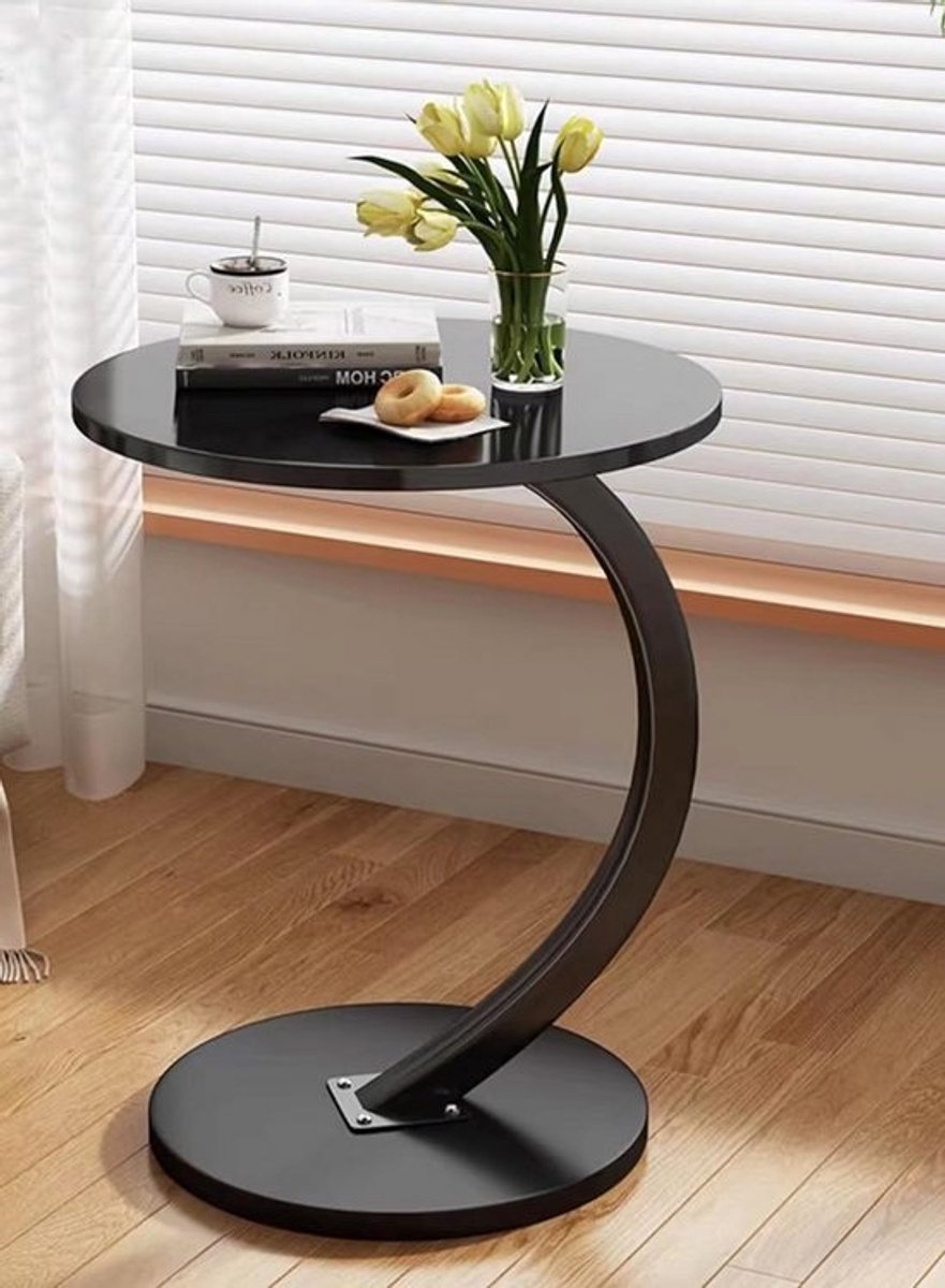 Ronde C-vormige Bijzettafel met Houten Tafelblad voor Woonkamer of Kantoor (Ø40cm)