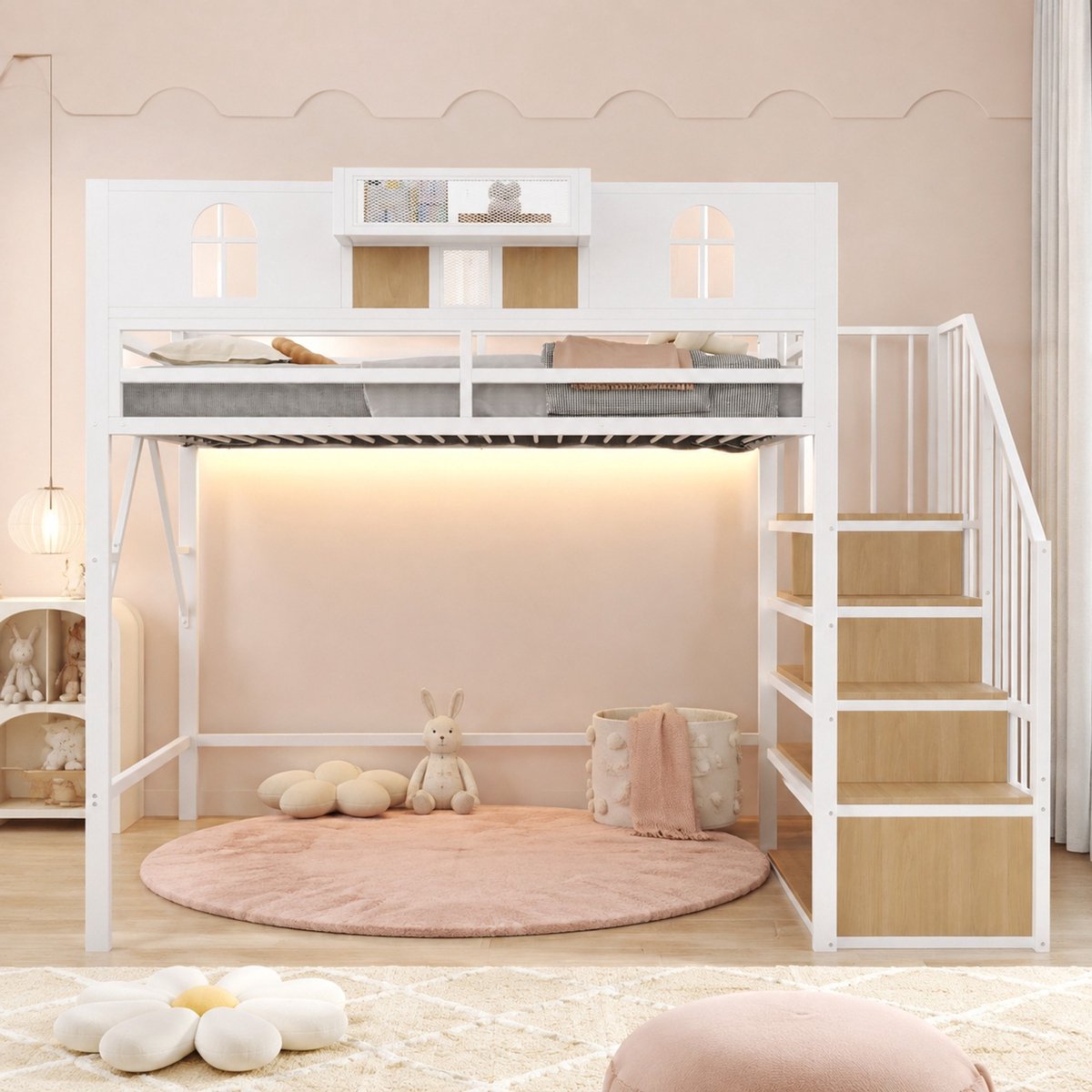 REDOM Hoogslaper - Opbergleider met opbergvakken - Lichtstrip en hoge bedhekken - Metaal en MDF - Wit - 90 x 200 cm - 255 x 95,5 x 187 cm