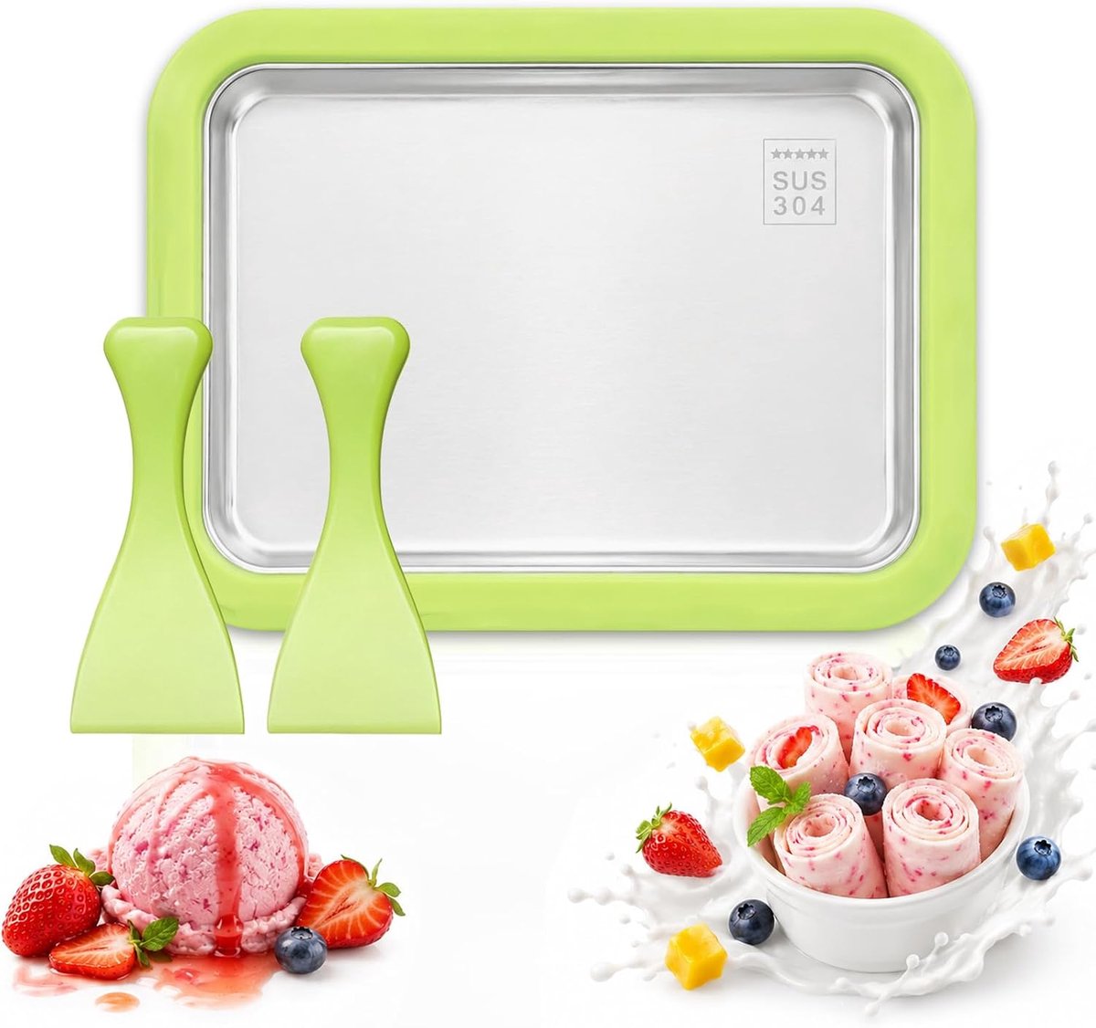 Ijs met 2 spatels, rolijsmachine, instant roll-ijsmachine, zelfgemaakte ijsmachine voor gelato, sorbet yoghurt, groen