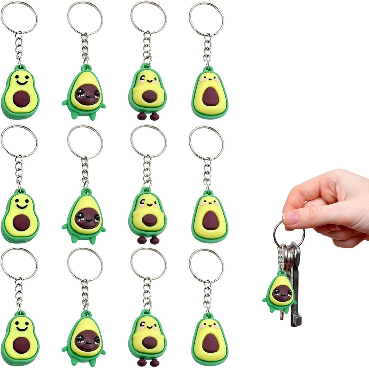 Sleutelhanger Set van 12, 4 Kawaii Designs x 3, Mini Groene Rubber Sleutelhangers met RVS Kabelring, Schattige Hanger voor Sleutels, Tas en Cadeau