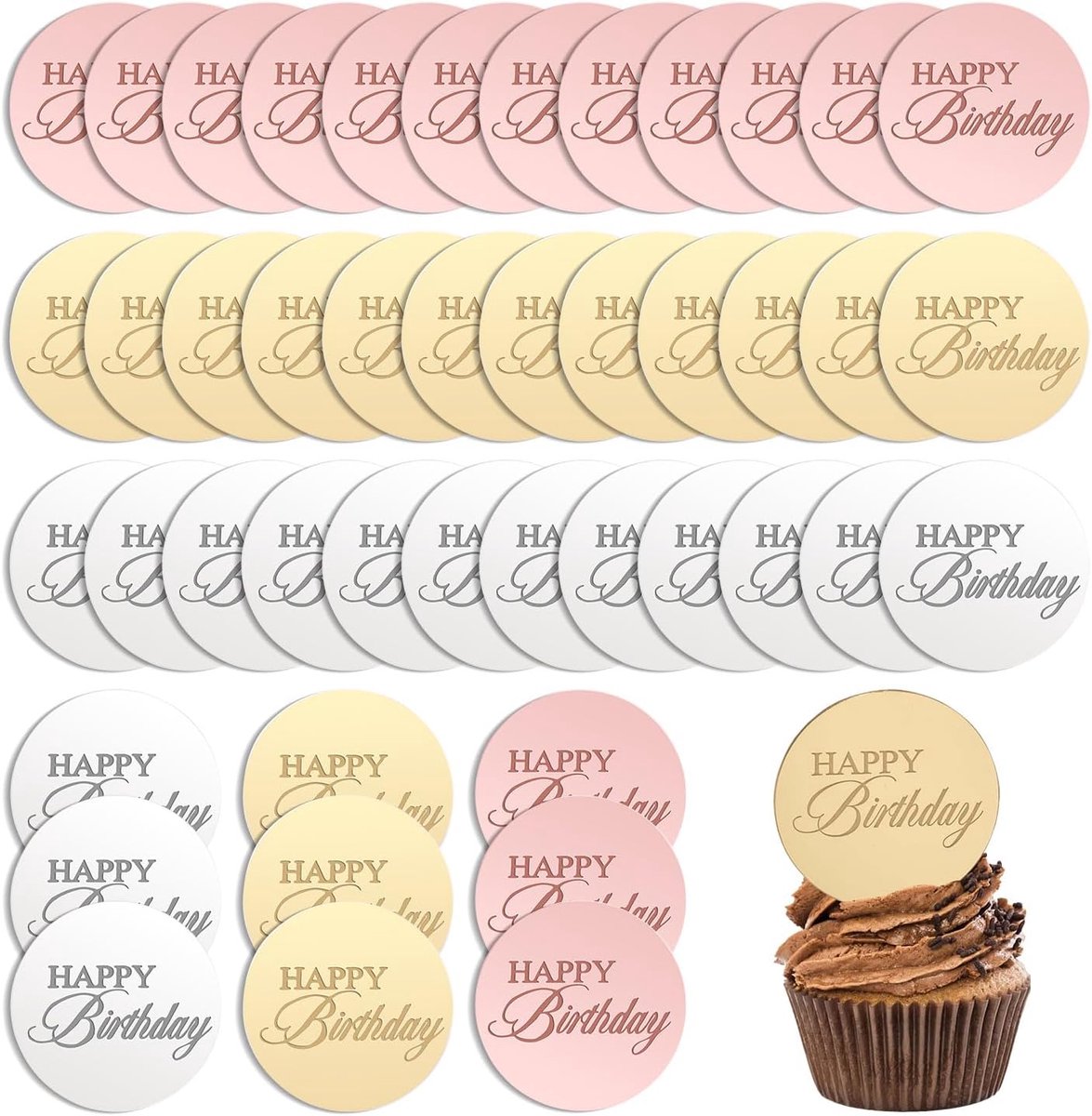 45 stuks ronde Happy Birthday taarttoppers, spiegel acryl cupcake toppers, elegante verjaardag cupcake plectrums voor desserts, gebakjes, decoraties, feestbenodigdheden (goud, zilver en roze)
