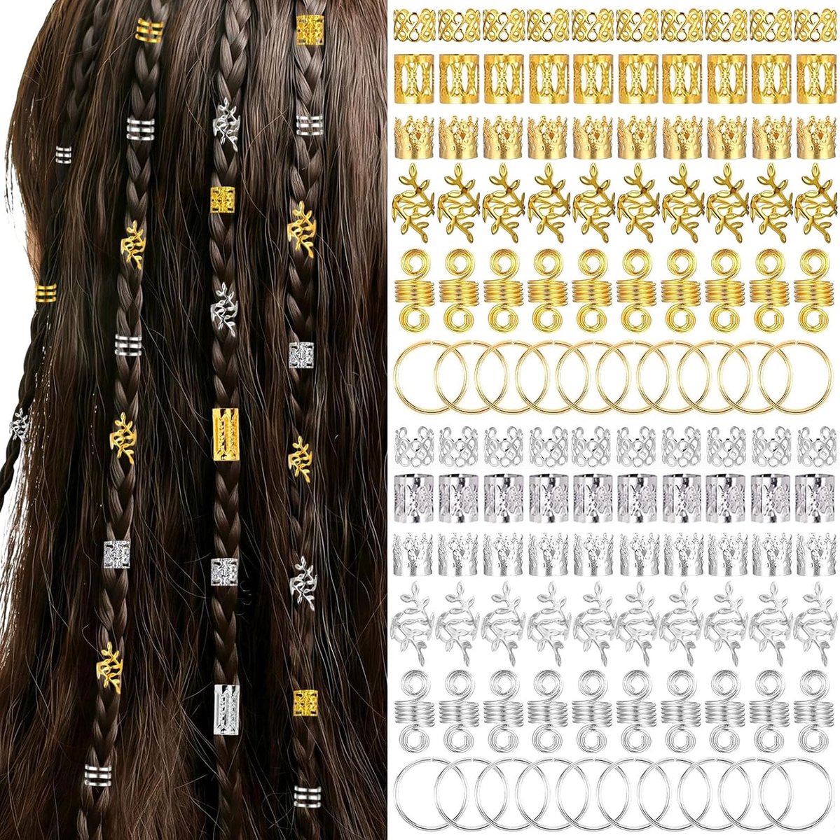 160 stuks aluminium haarkrullen, dreadlocks, kralen, manchetten, metalen haarmanchetten, veer, gedraaide vlechten, haarringen voor vlechten, accessoire
