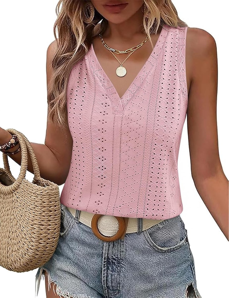 Vest tops vrouwen V-hals mouwloze tops zomer tank tops dames elegant oogje borduurwerk hemdje vest casual losse pasvorm blouse shirt