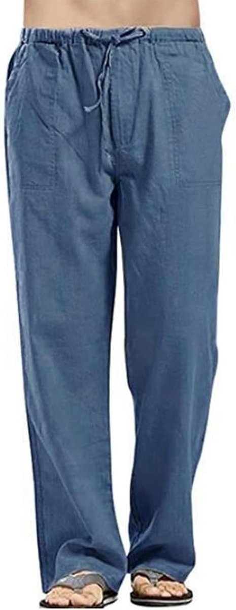 Linnen broek voor heren, losse pasvorm, strandbroek, lichtgewicht trekkoord, elastische taille, rechte pijpen, broek