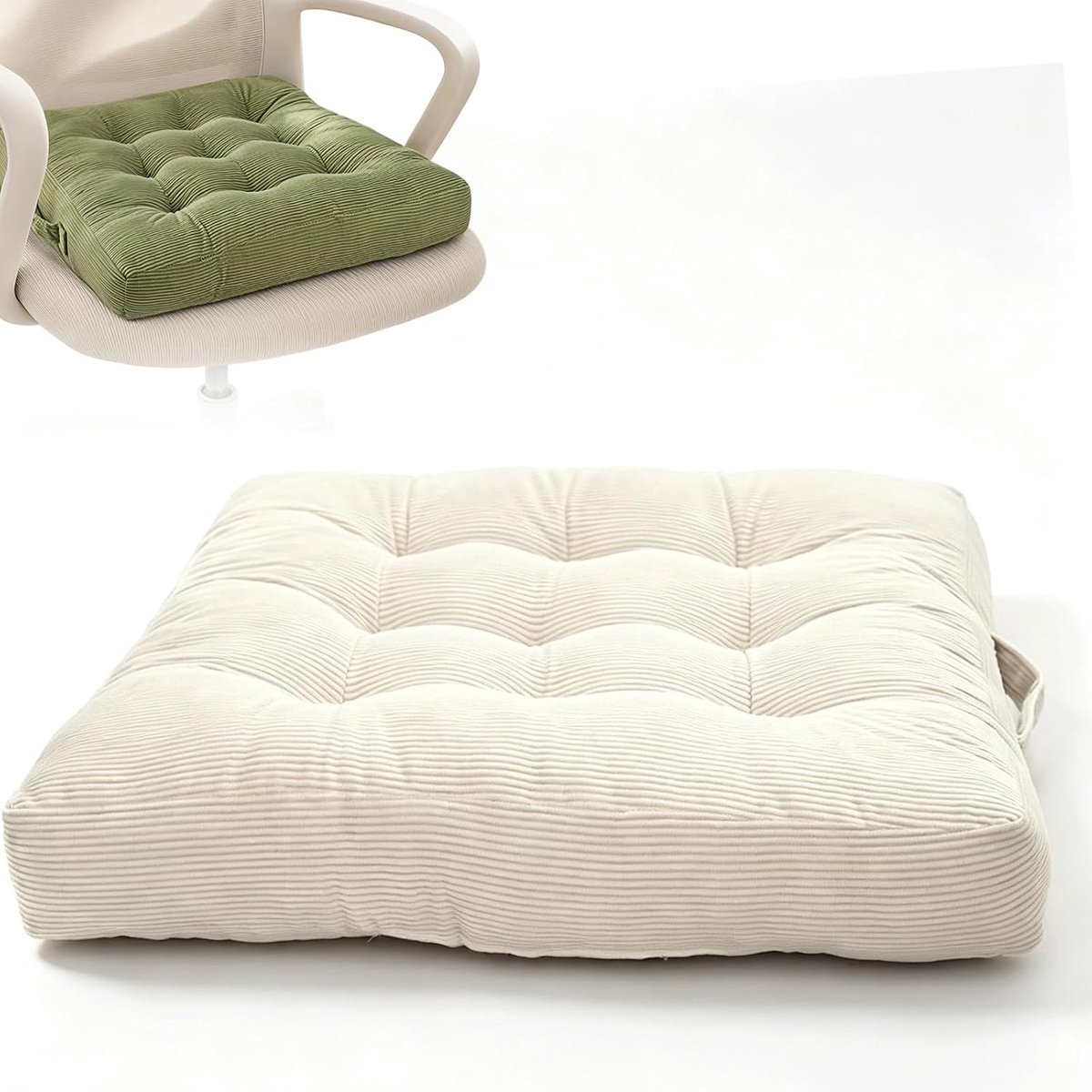 Draagbaar, met handvat, 40 x 40 cm, yogakussen om op de grond te zitten, getuft fluweel, vierkant vloerkussen, comfortabele stoelen voor keuken, barkruk en terras (wit)