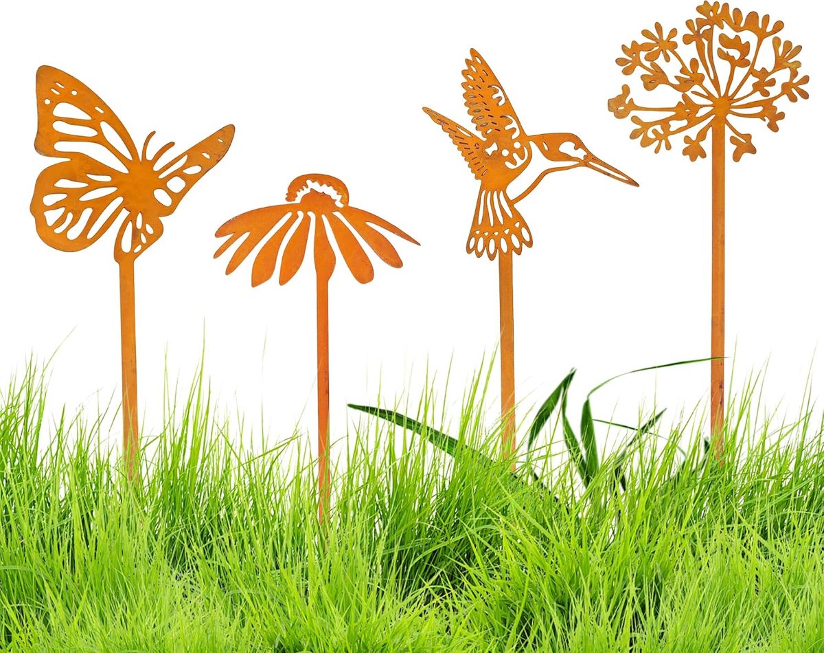 4 stuks roestige tuinstekers metaal bloemen
