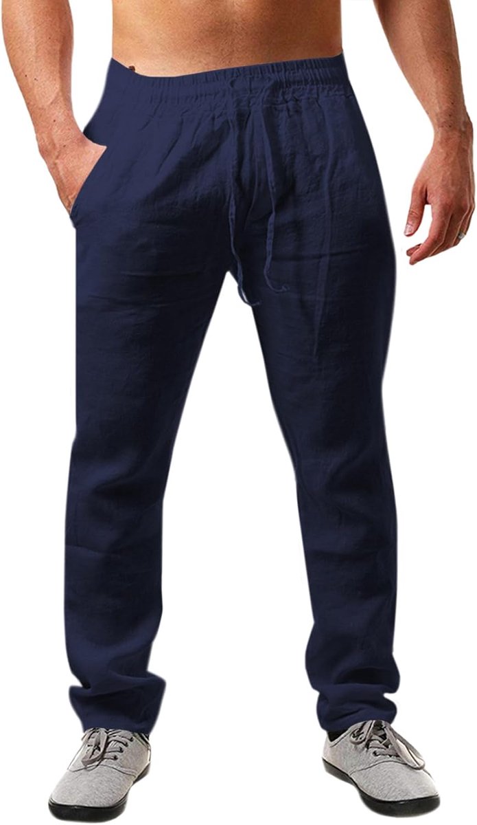 Linnen herenbroek, effen, lang, licht, zomerbroek, losse pasvorm, vrijetijdsbroek met trekkoord, voor vakantie, strand, dagelijks gebruik