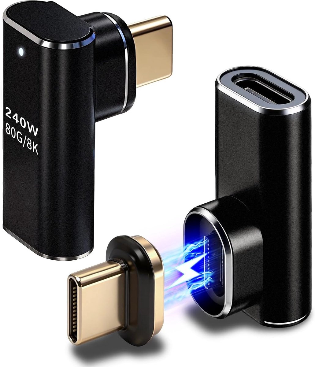 USB C Magneetadapter 90 graden - 2 stuks 240W USB-C magnetische adapter 24 pins - type c magnetische stekker 80 Gbps 8K snel opladen en gegevensoverdracht voor laptop, tablet, mobiele telefoon