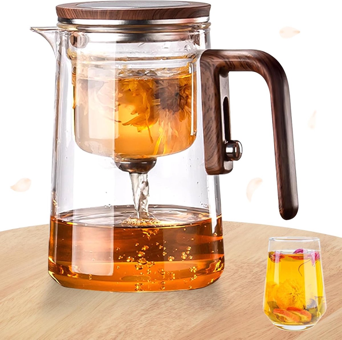 Glazen theepot met zeef, magische glazen theepot met infusor, transparante theepot met imitatiehouten handvat, koudebestendig en hittebestendig, voor thuis, op de werkplek (800 ml)