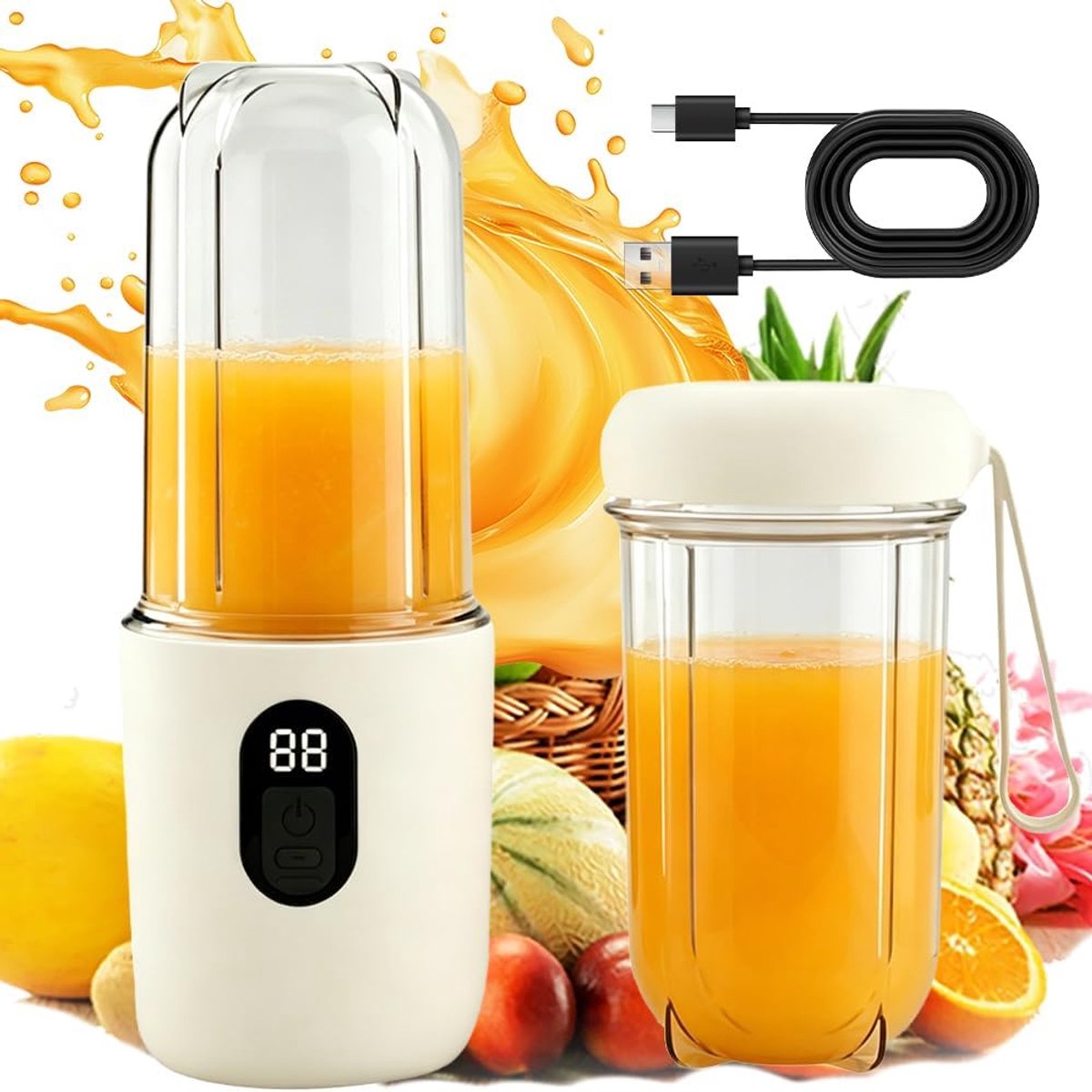 Mixer, 500 ml blender smoothie maker to go met reservebeker, USB oplaadbare draagbare blender, staande mixer klein met 16 messen, mini-staande mixer voor milkshakes, sappen, smoothies (wit)