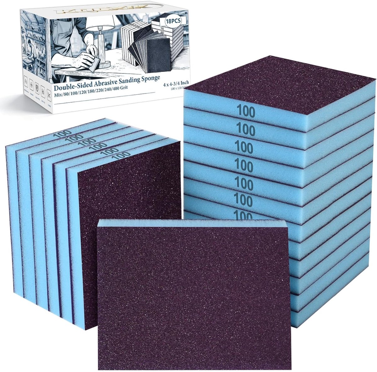 18 stuks dubbelzijdige schuurspons, natte droge schuurblokken 100 korrel wasbare schuurpapierspons assortimentspons, assortiment voor gebogen houten meubelverf, gipsplaat, metaal