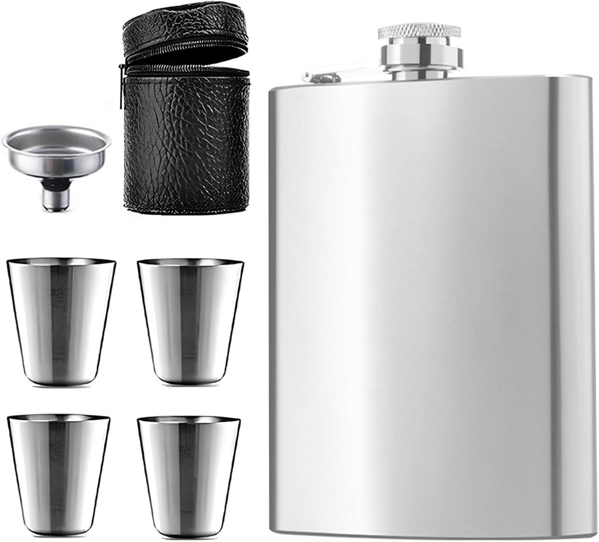 2 x 227 ml roestvrijstalen heupfles met trechter en 4 kleine kopjes, heupfles van zwart leer, geschikt voor het dragen van alcohol, voor wandelen en feestjes