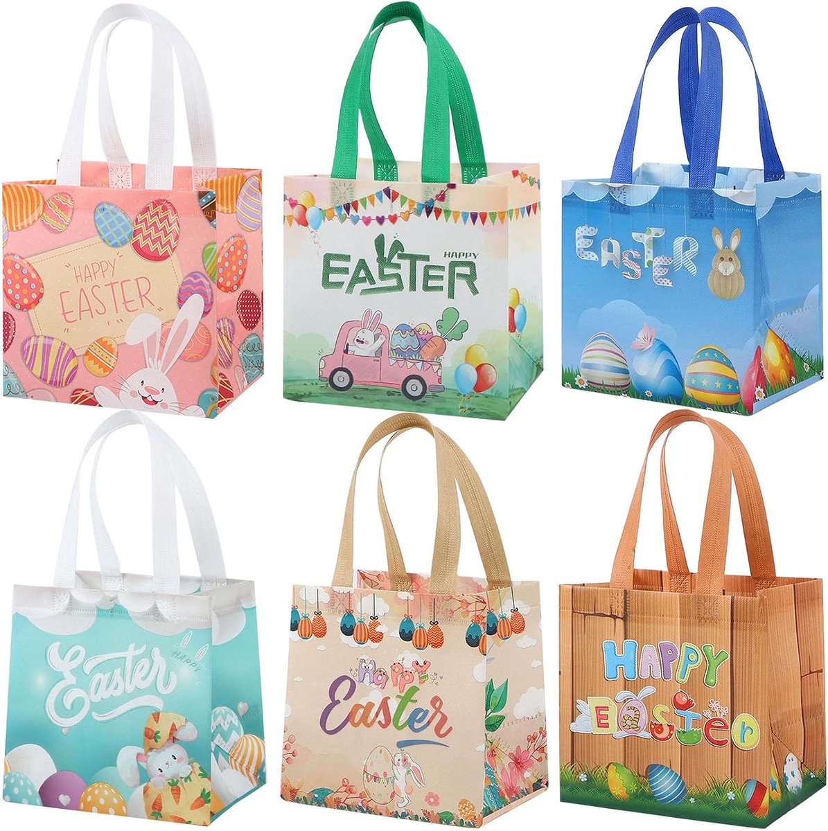 6 stuks paaszakjes voor kinderen, paascadeauzakjes met handgrepen, herbruikbare vliesstof, paaszakjes voor snoep, chocolade, geschenken, perfect voor paasfeest en decoratie