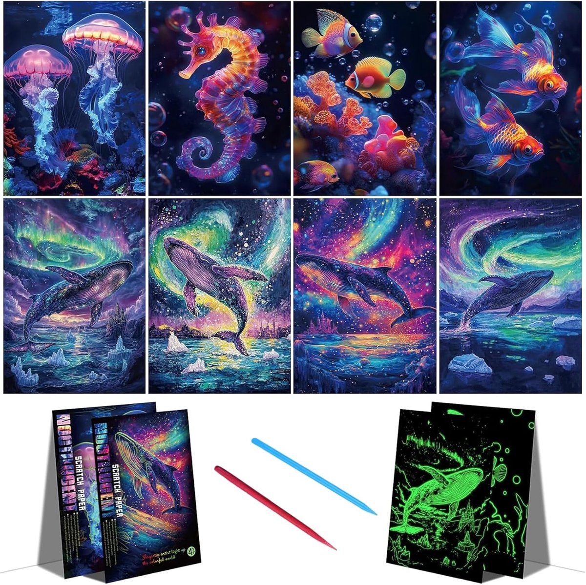 8 stuks krasfoto's voor volwassenen met 2 stuks speciale potloden, 25,2 cm * 31,5 cm (A4) krasfoto's set DIY knutselsets krasboek, Magic Rainbow kraspapier voor notitieboekjes, wenskaarten, cadeaus