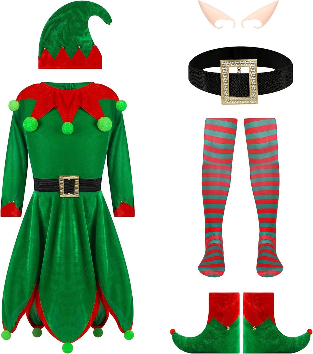 6-delig elfenkostuum voor dames, fluwelen jurk, carnaval, Kerstmis, rollenspel, schoenen, oorsokken