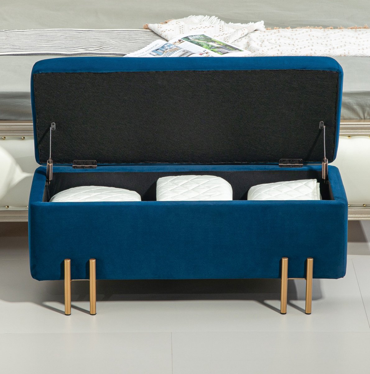 FloraGrace Opbergbank 100 x 40 x 42 cm - Zachte Zitting Met Opbergruimte - Voor Hal Woonkamer Of Slaapkamer - Polyester Hout Metaal - Blauw