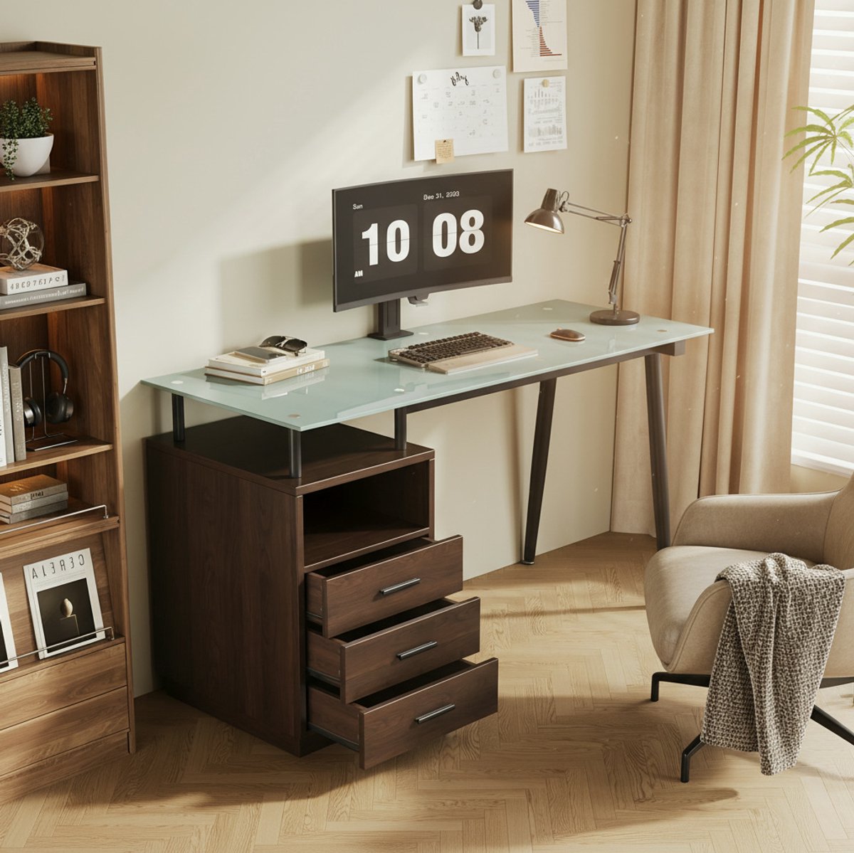 MEUNIQ Bureau 130 x 50 x 75 cm met gehard matglazen blad, 3 lades, open vak en stalen buisframe voor werkkamer en thuiskantoor, bruin, lichtgroen en zwart
