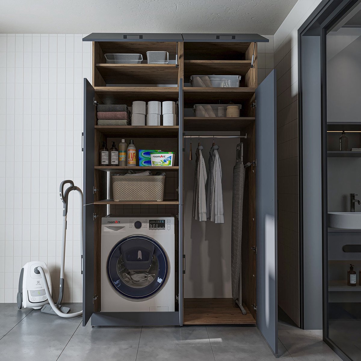 Roomart DORA-II Wasmachine Ombouwkast 130x230 cm met Opzetkast - Antraciet Eiken