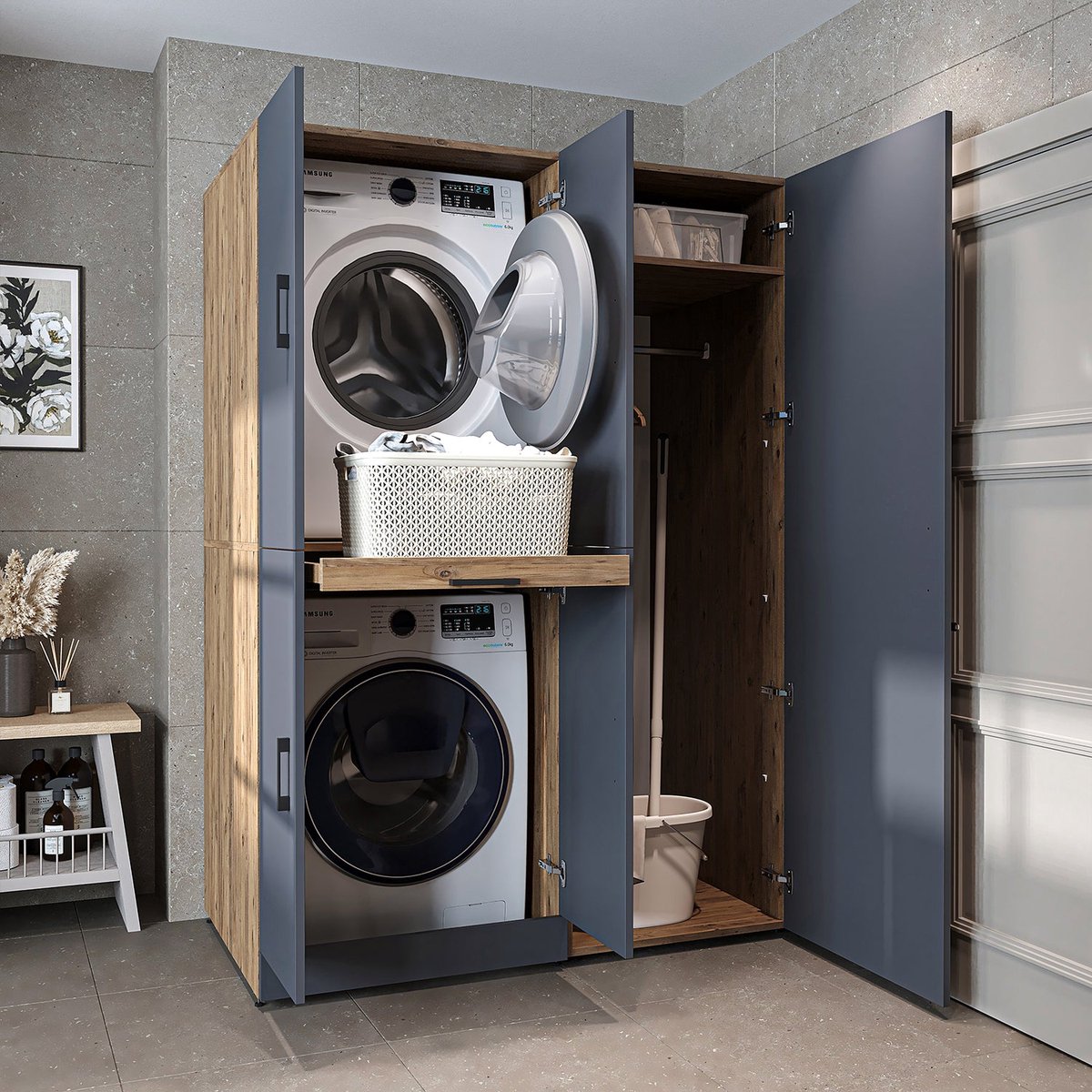 Roomart DORA-I Wasmachine Ombouwkast 130x186 cm - Antraciet Eiken