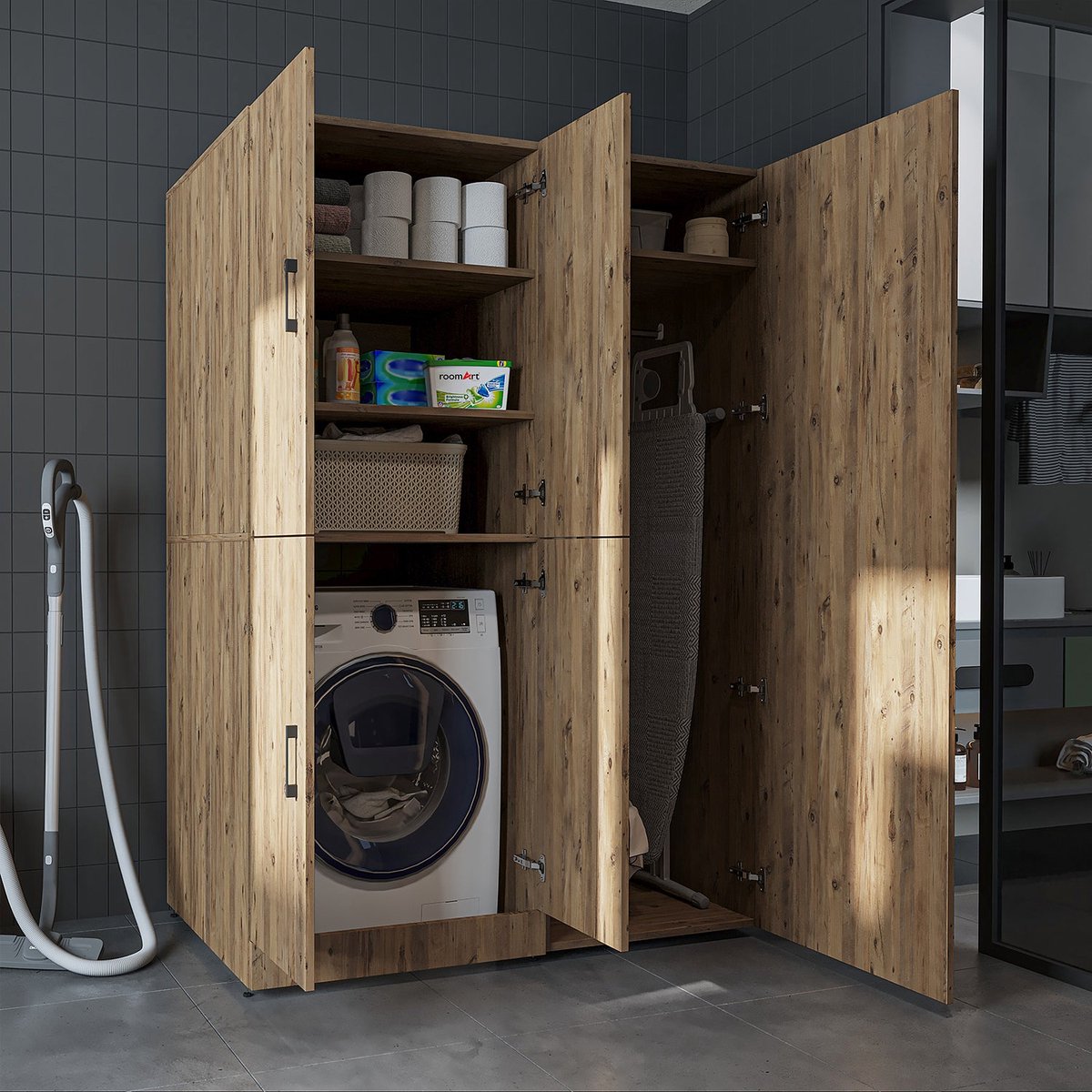 Roomart DORA-II Wasmachine Ombouwkast 130x186 cm - Eiken