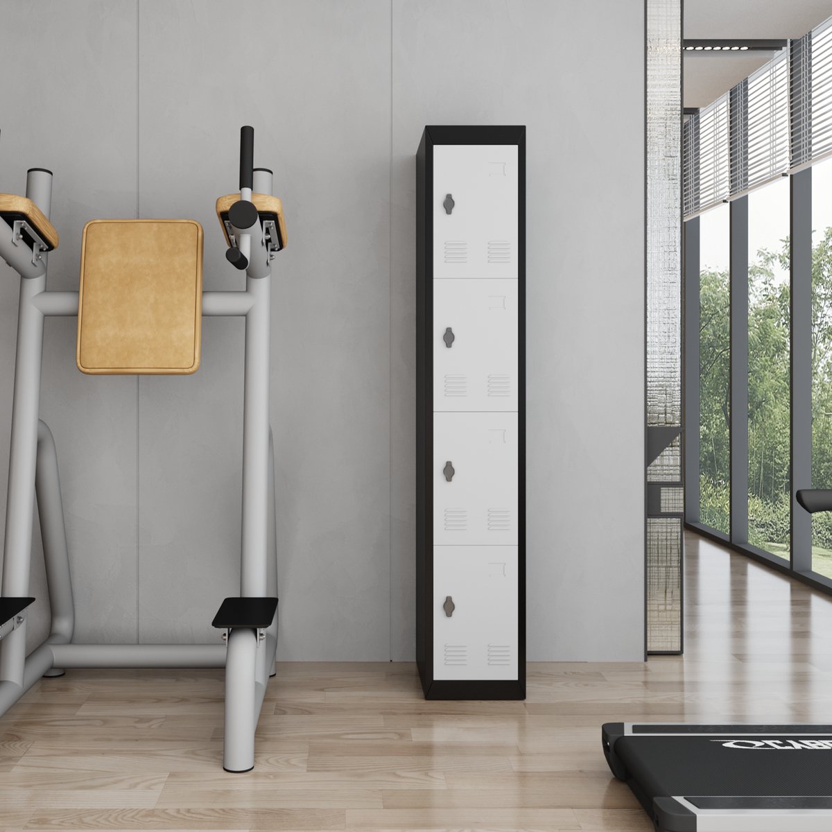 Metalen Garderobekast 183 cm - 4 Vergrendelbare Deuren met Sleutels - Verstelbare Legplanken en Ventilatie - Robuust Staal - Smalle Opslag voor Kantoor School Gym en Garage - Grijs en Zwart