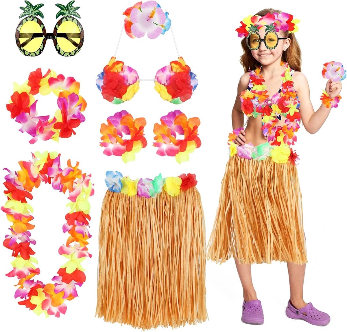 8-delige Hawaii Kostuumset voor Meisjes, Hula Outfit met Rok, Bloemenketting en Armbanden voor Strandfeesten en Decoratie