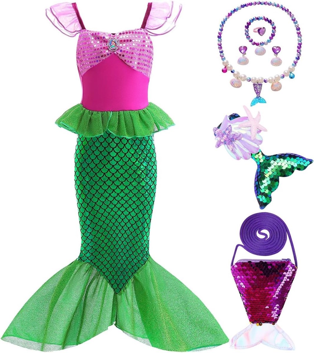 Mermaid Kostuum voor Meisjes - Prinsessenjurk voor Kinderen van 3 tot 10 Jaar - Ariël Thema Outfit en Feestkleding