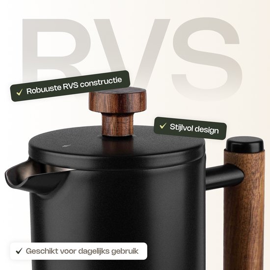 Zwarte RVS constructie van VDN koffiezetter met houten handvat.