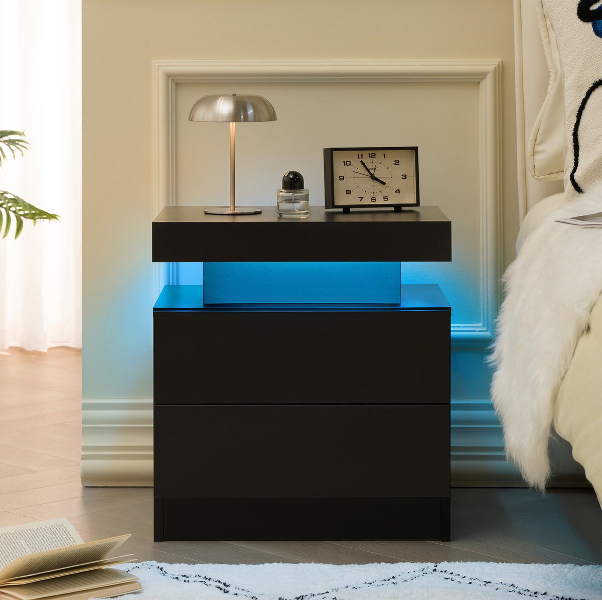 MEUNIQ LED-nachtkastje met 2 lades en open vak, verstelbare meerkleurige verlichting, 36 x 50 x 53 cm, zwart bedtafeltje voor slaapkamer en woonkamer
