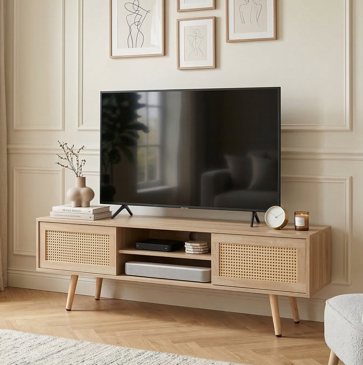 MEUNIQ TV-meubel 140 cm met 2 rotan schuifdeuren, open vak en 3 verstelbare planken – TV-kast voor woonkamer in naturel houtkleur