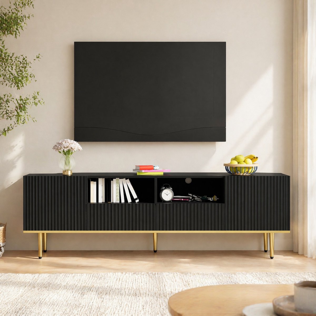 MEUNIQ TV-meubel 165 x 36 x 55 cm met 2 lades en 2 vakken, greeploze deuren, gouden poten en accenten voor de woonkamer, zwart en goud