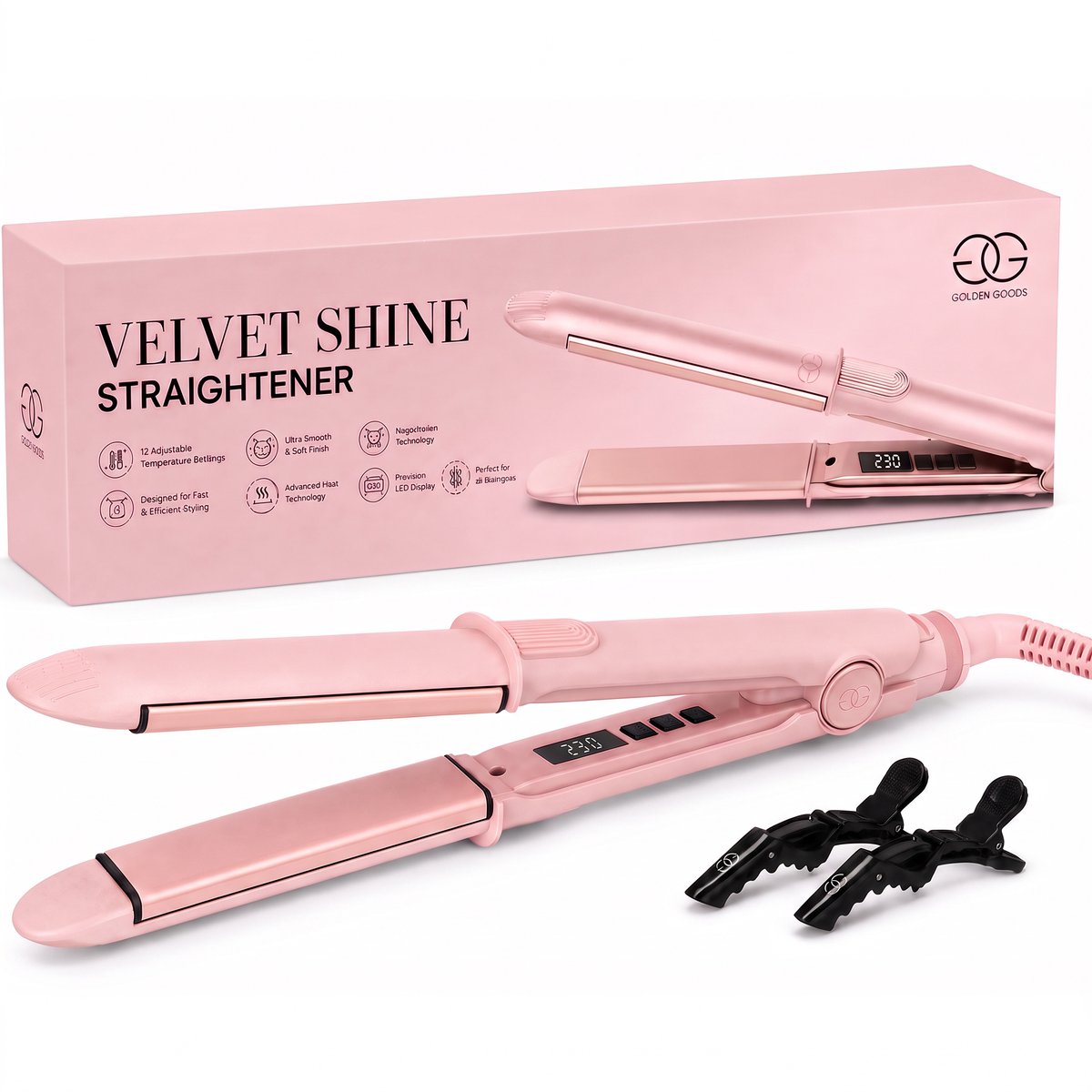 Golden Goods Velvet Shine - Professionele Stijltang - Krultang - Ionische Anti-Frizz Functie - 12 Temperaturen - Titanium & Keramische Coating - Powder Pink