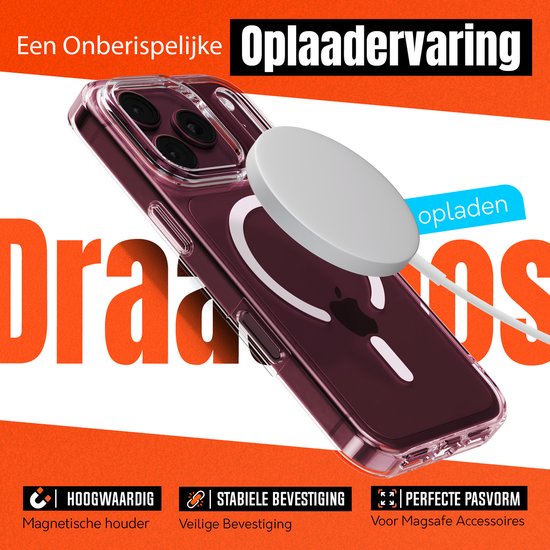 Transparante hoes met MagSafe-ring met MagSafe-oplader aangesloten op een donkerrode iPhone.