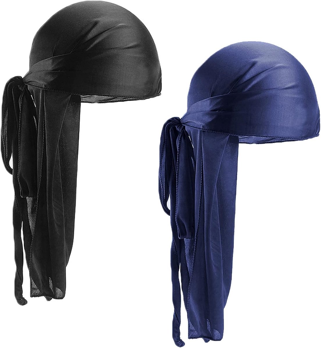 Unisex Duurzame Piraten Durag met Lange Tails en Brede Bandjes, Ademend Hoofddeksel voor Mannen en Vrouwen, Set van 2, Zwart en Marineblauw, Perfect voor Haarbescherming en Stijl