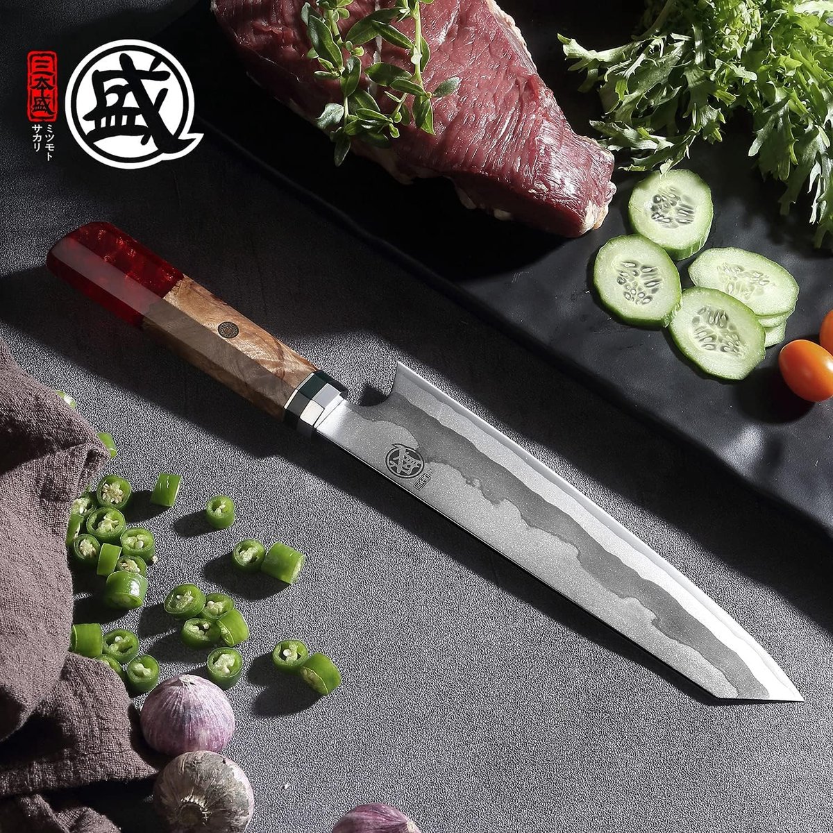 SAKARI 21 cm Kiritsuke Koksmes, Damascus Keukenmessen | Handgesmeed Japans mes van 440C-Damascusstaal, sushichefmes voor vlees, rood granaatappelhandvat, houten kistje