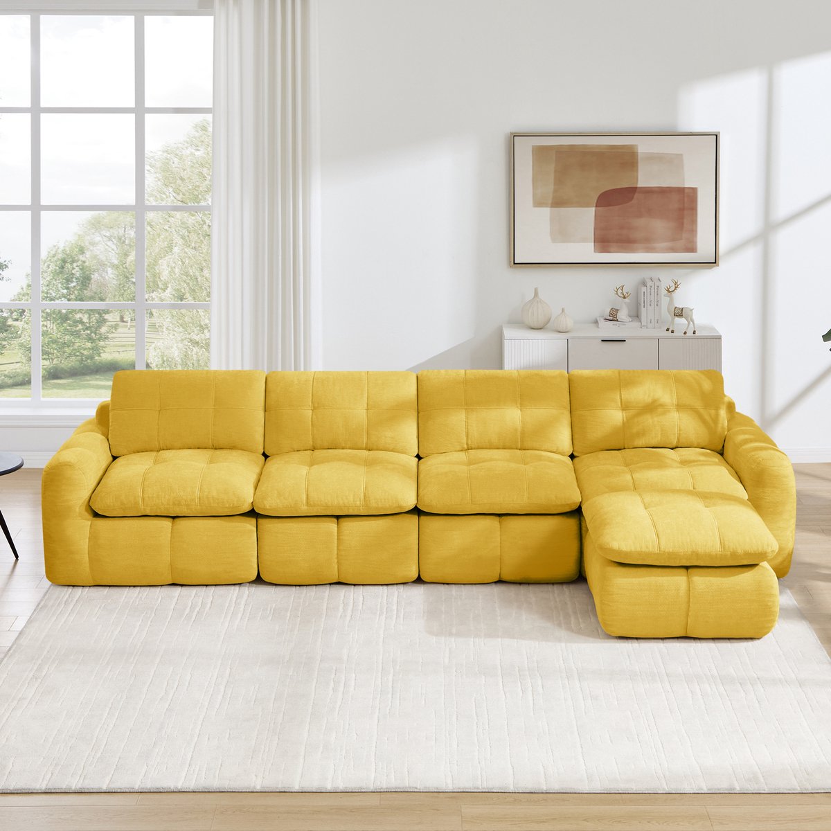 MODFU Hoekbank - Modulaire L-Vorm - Vier Zitplaatsen - Met Hocker - Chenille - Geel