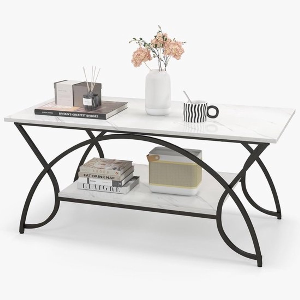 Marmeren Salontafel met 2 Planken en Metalen Poten - Modern en Functioneel