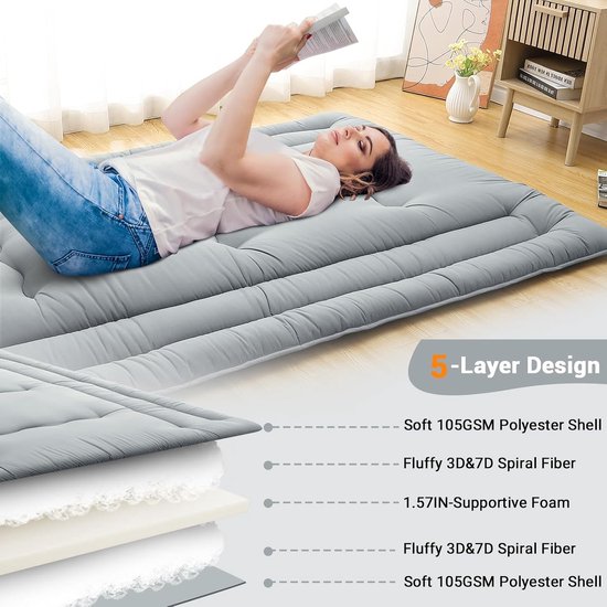 5-laags dik tatami-vloerbed – draagbare oprolbare slaapmat – voor kamperen, camper, studentenhuis, yoga, kinderspel – 203 × 137 × 10 cm – lichtgrijs — afbeelding 2