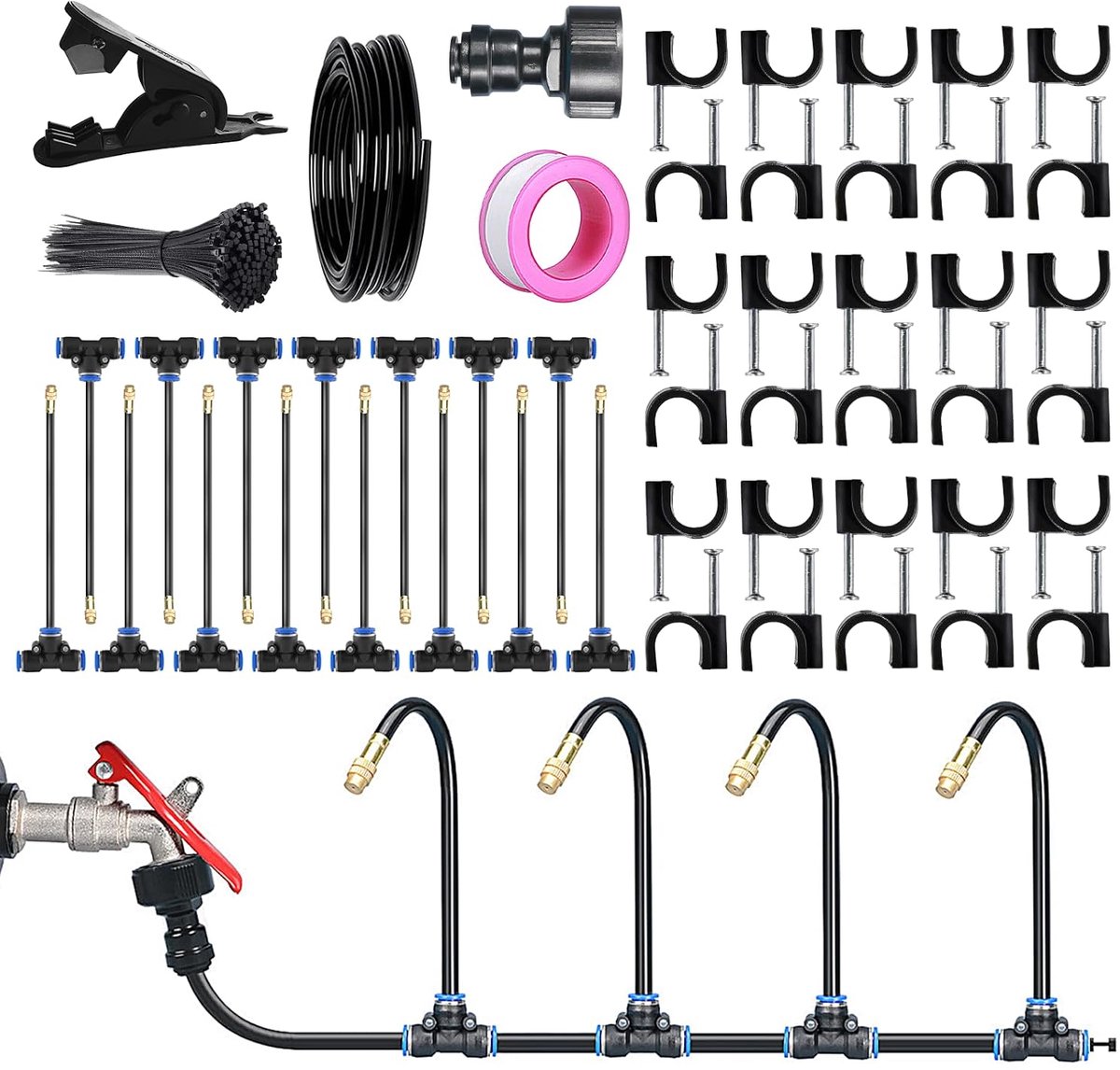 Irrigatiesysteem voor de tuin, 15 m, automatisch 360° irrigatiesysteem met instelbare sproeikop, nevelbewateringsset, voor planten in de tuin en balkon, met bevestigingspluggen