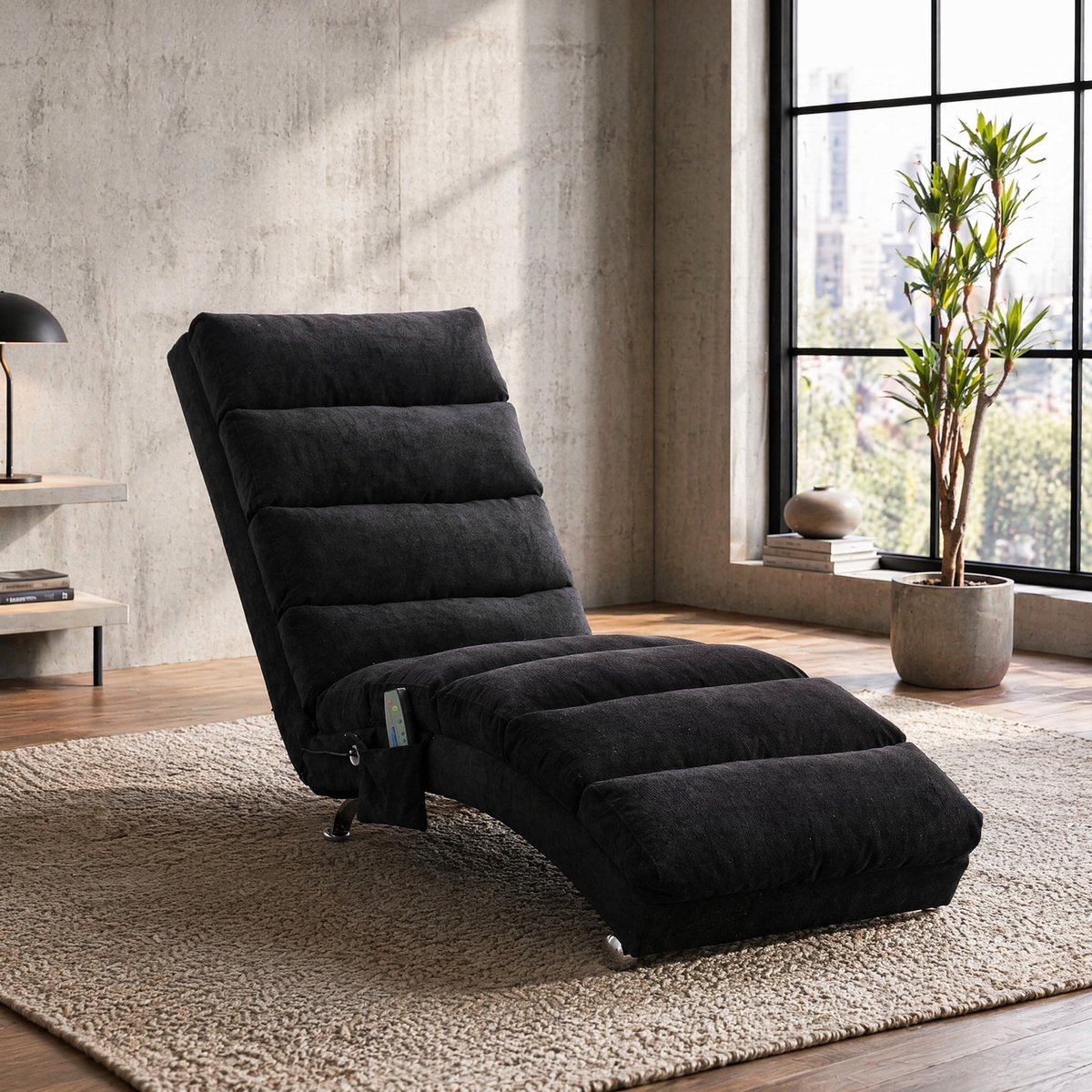 MEUNIQ Chaise longue massagestoel 148 x 55 x 84 cm met zachte vibratiefunctie, zijvak en metalen poten voor woonkamer, slaapkamer of kantoor - Zwart linnen