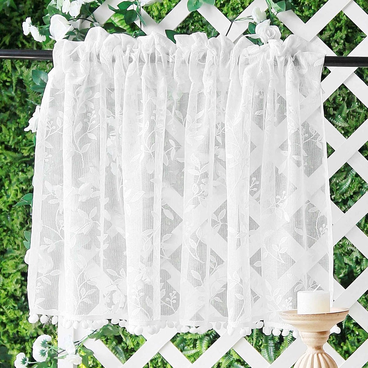 Gordijnen met bladeren- en balpatroon, korte gordijnen van polyester, voor badkamer, kelder, woonkamer, café, 43 x 100 cm