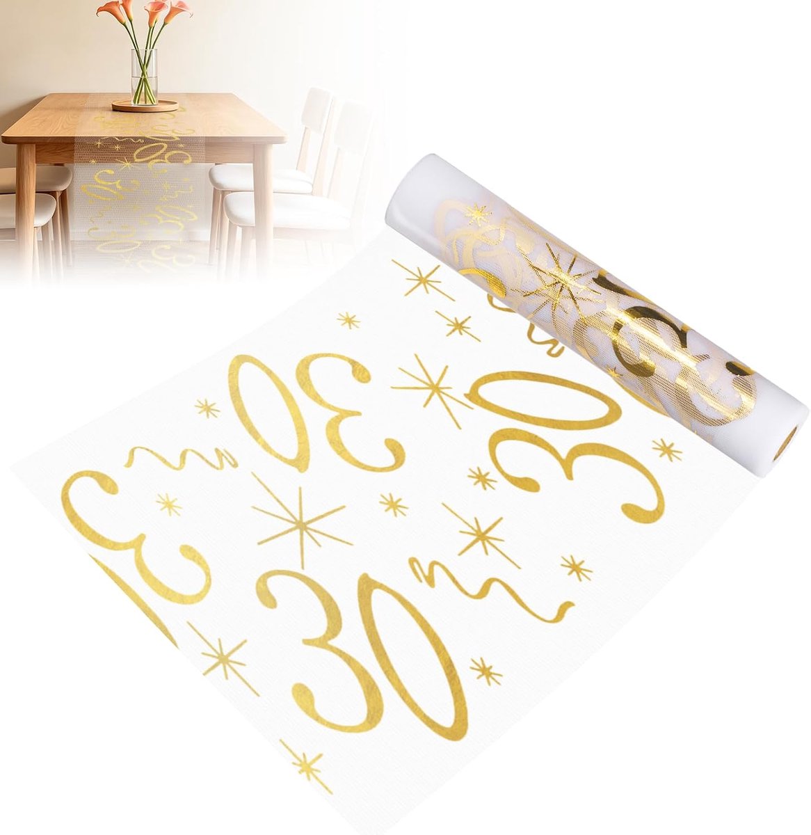 30 Jarig Jubileum Tafelloper Goud 28cmx10m, Herbruikbare Polyester Tafeldecoratie Op Maat Te Snijden, Glanzende Warmdruk Tafelloper Voor Mannen Vrouwen Verjaardagsfeest Jubileumdecoratie