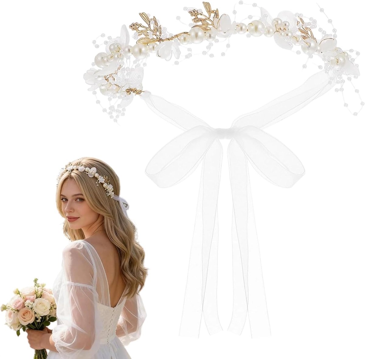 Communie meisjes en haaraccessoires bruid haarband bloemen met parels en verstelbaar organza lint, haaraccessoires voor communie, bruiloft, bruidsmeisje en feesten, wit